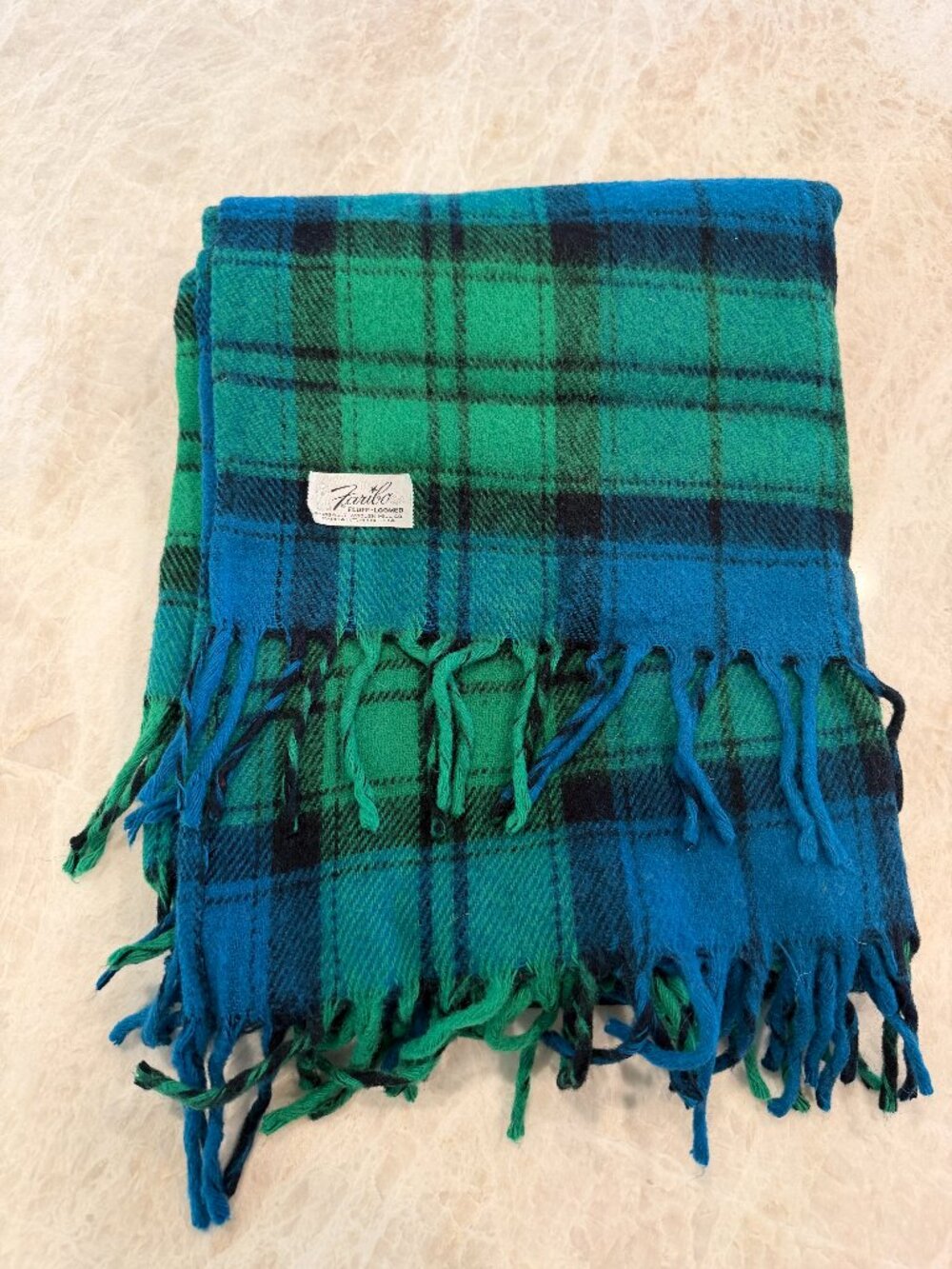 Vintage Faribo Black Watch Plaid Wool Blend Throw Blanket Fringe 70x52 USA
